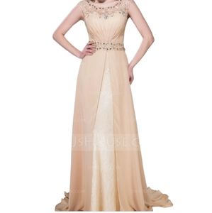 JJ House A-Line/Princess Scoop Neck Sweep Train Chiffon Lace Evening Dress